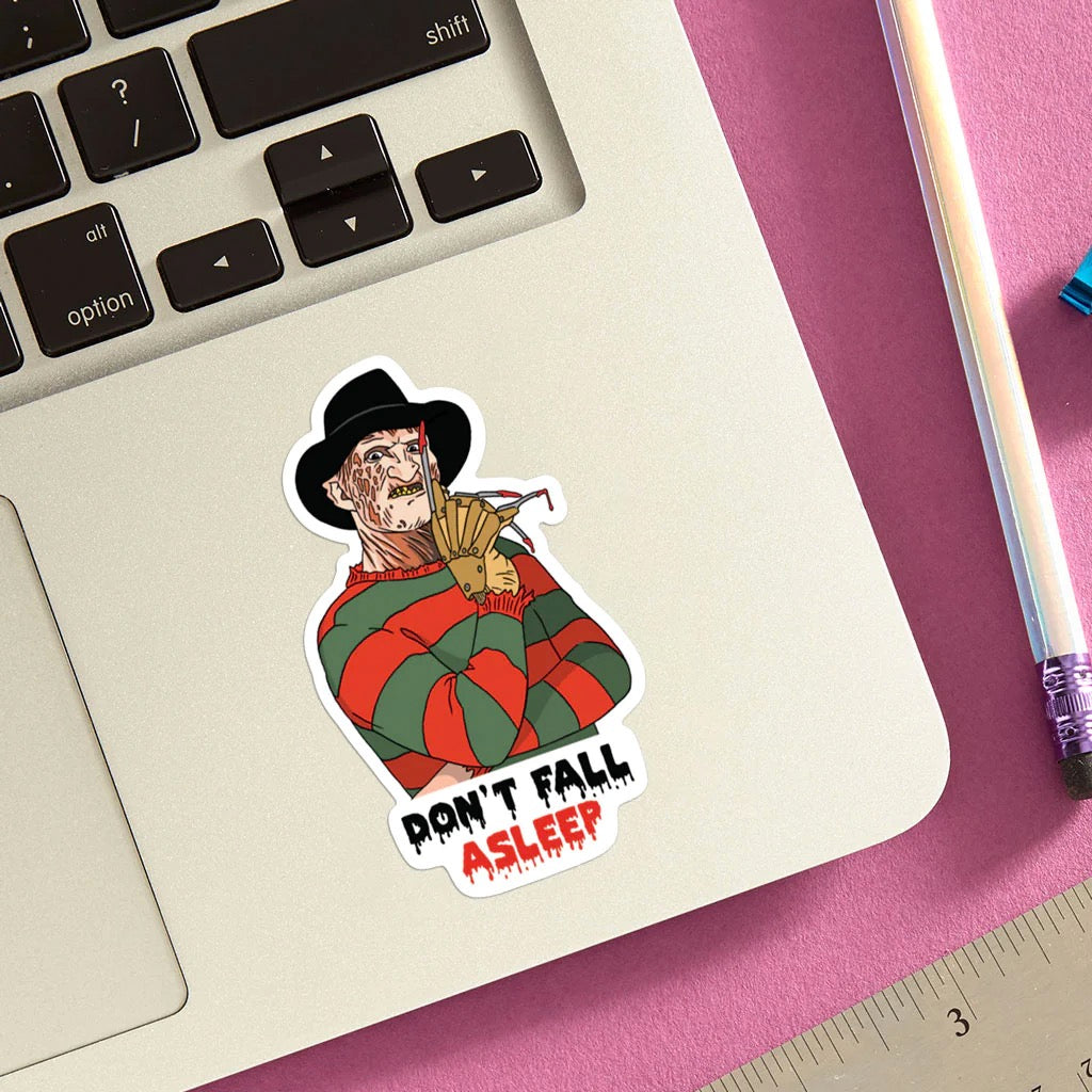 Don't Fall Asleep Die Cut Sticker on computer.