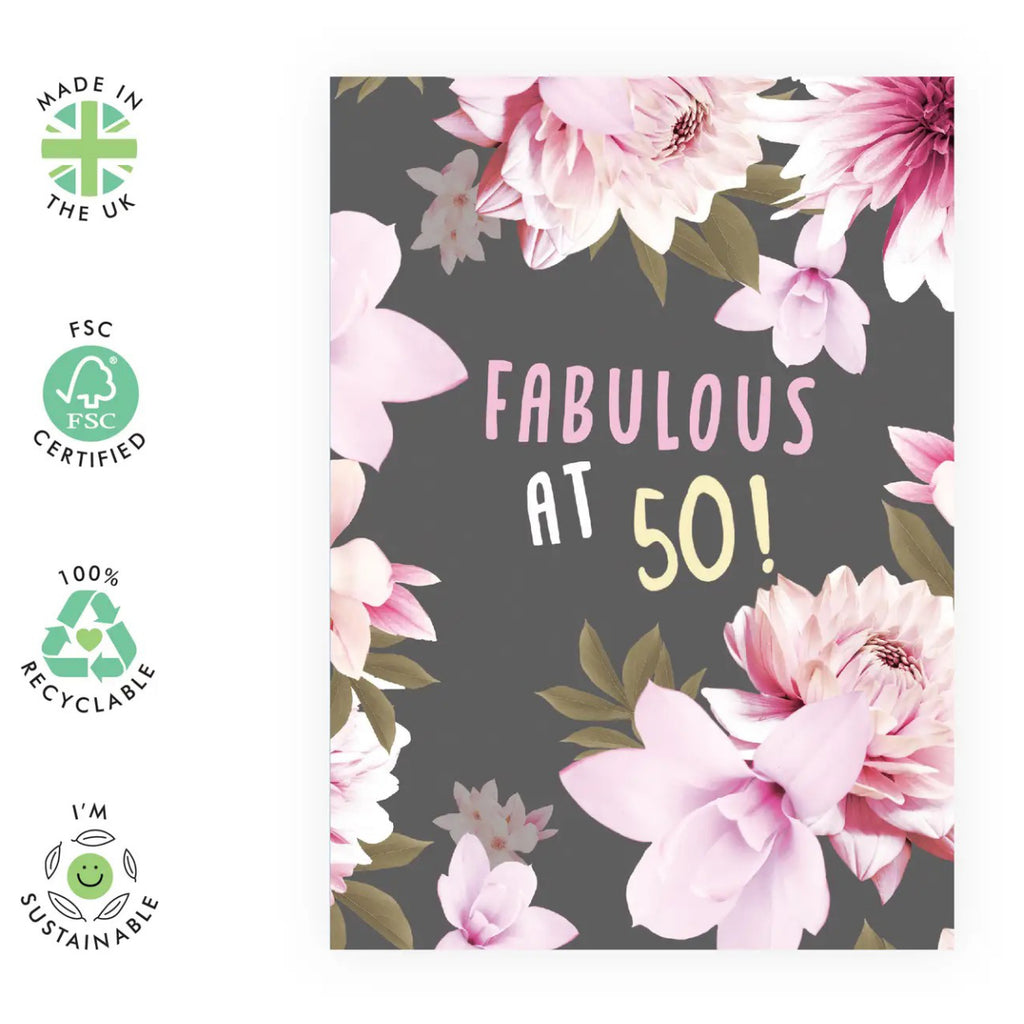 Fabulous at 50 Birthday Card environmental features.