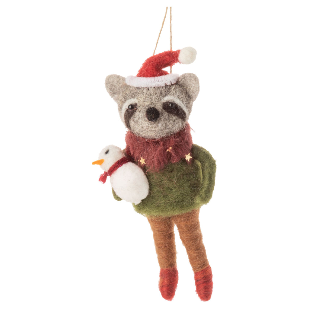 Felt Raccoon Holding Snowman Ornament.