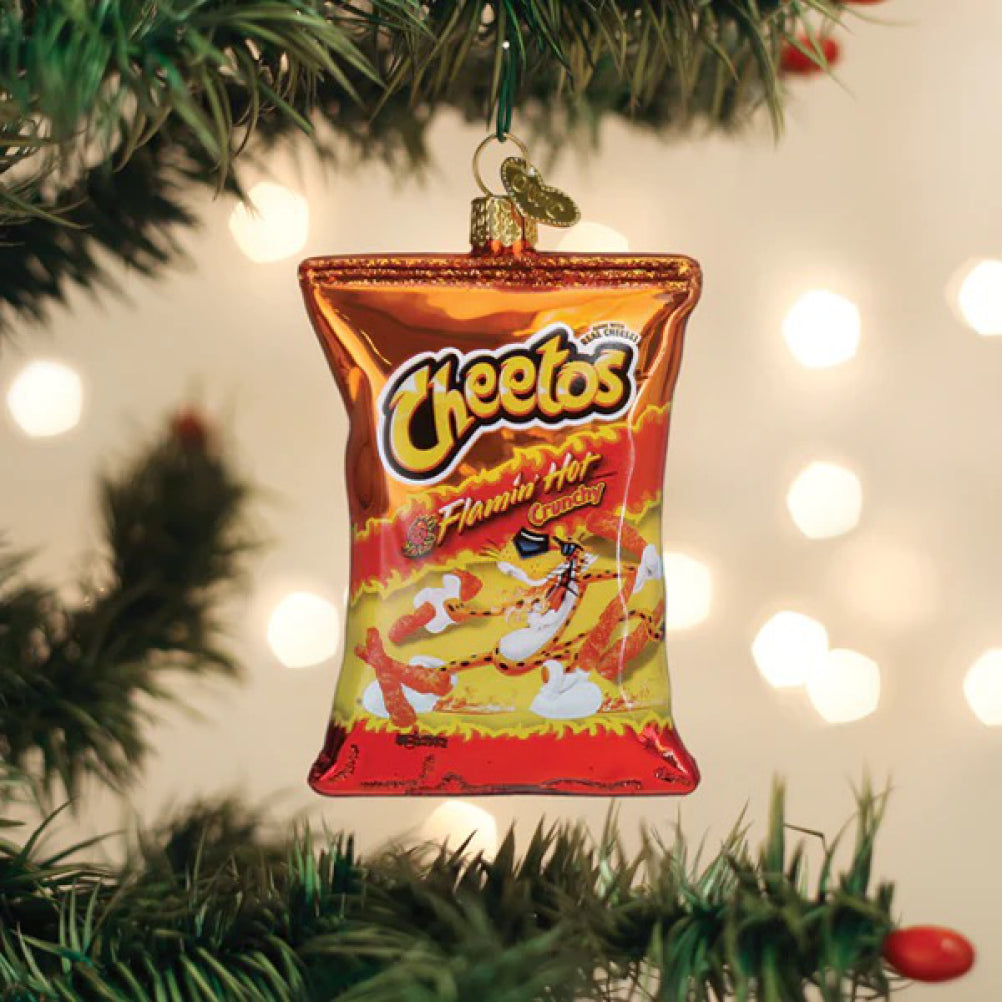 Flamin' Hot Cheetos Ornament in tree.