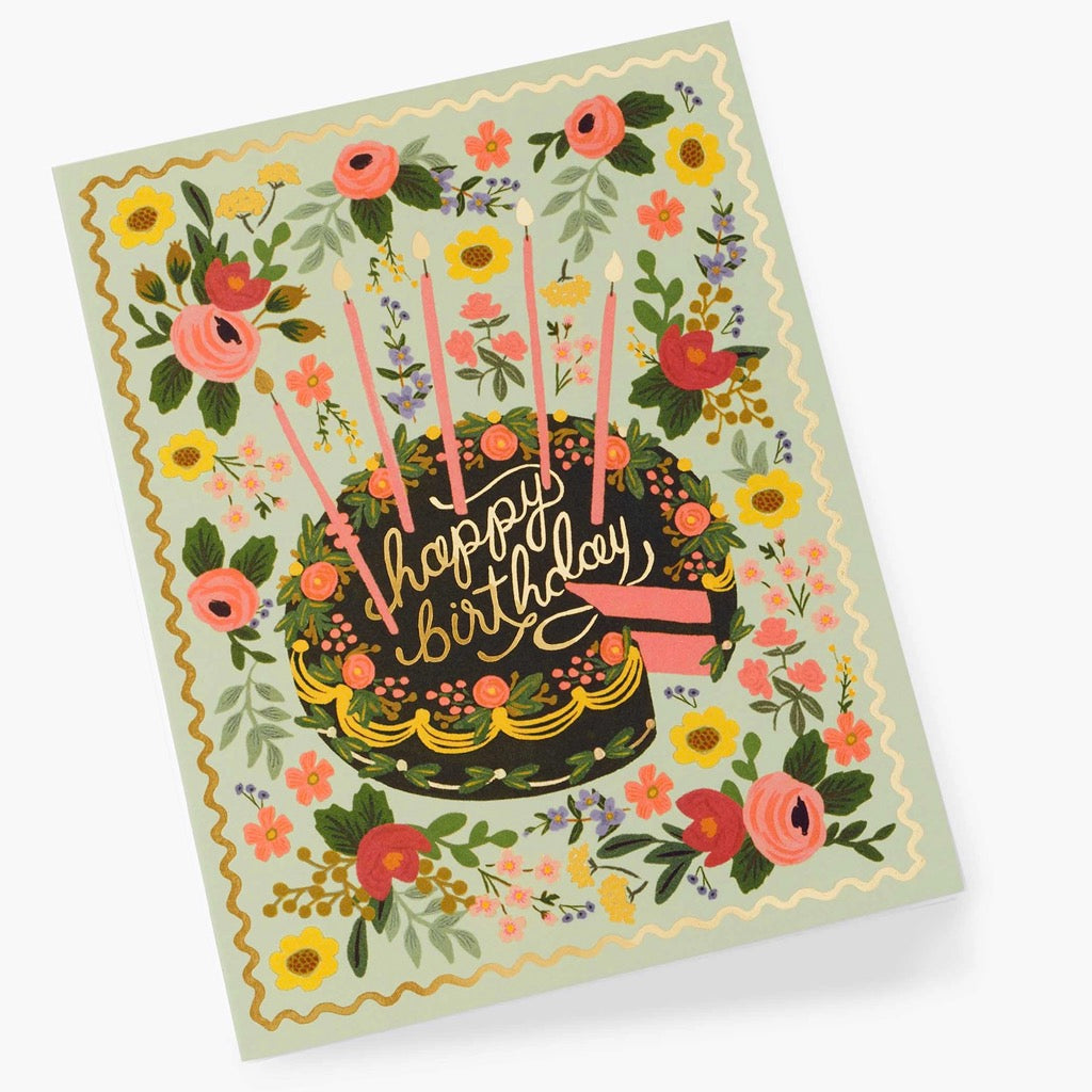 Floral Cake Birthday Greeting Card angle view.