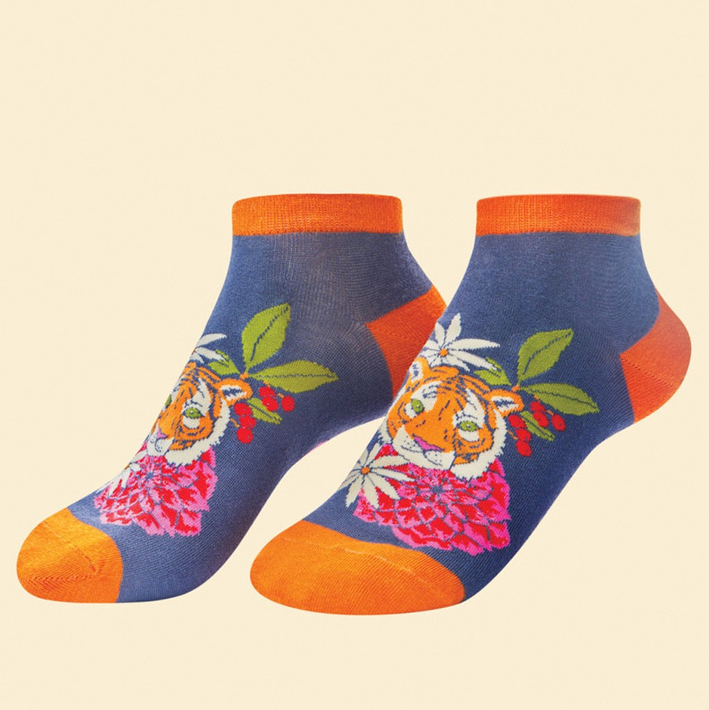 Floral Tiger Ankle Socks Indigo.
