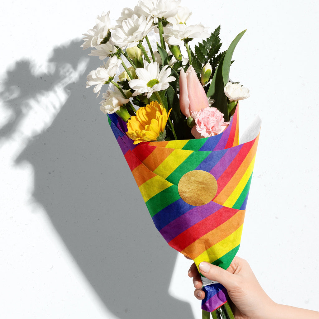 Flowers wrapped with Rainbow Stripe Tissue.