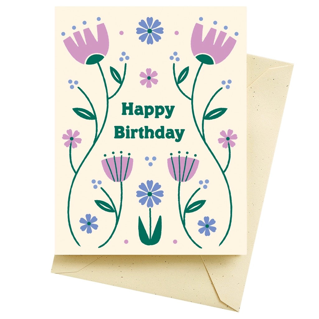 Folk Floral Lilac Birthday Card.