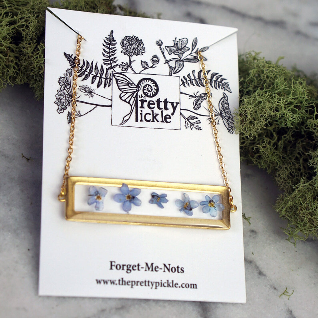 Forget Me Not Bar Necklace packaging.