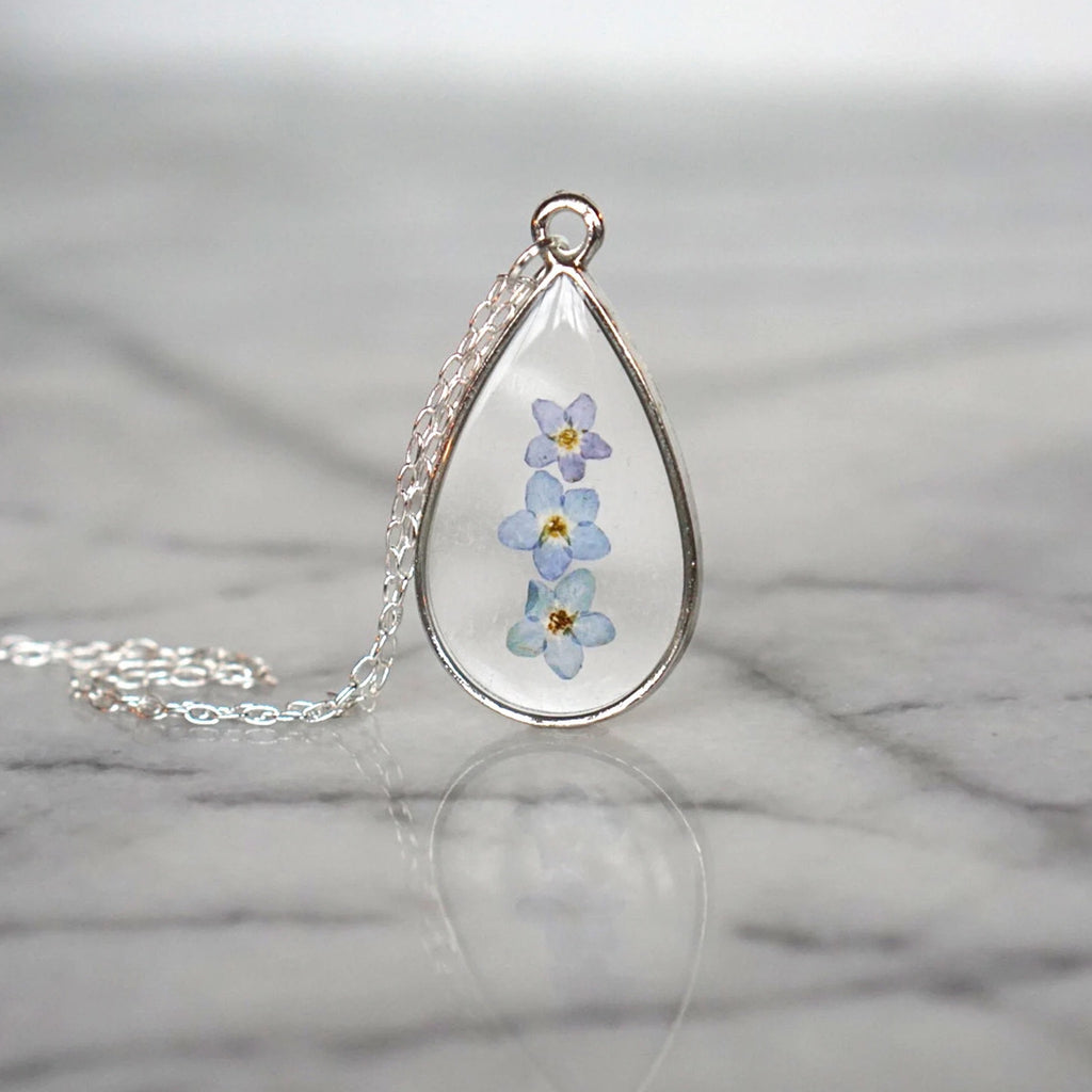 Forget Me Not Flower Necklace Silver Plated.