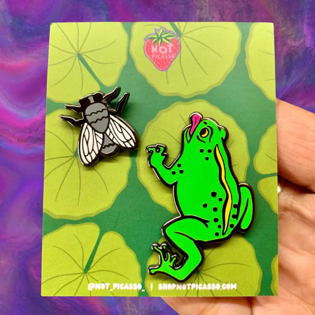 Frog and Fly Enamel Pin Set.