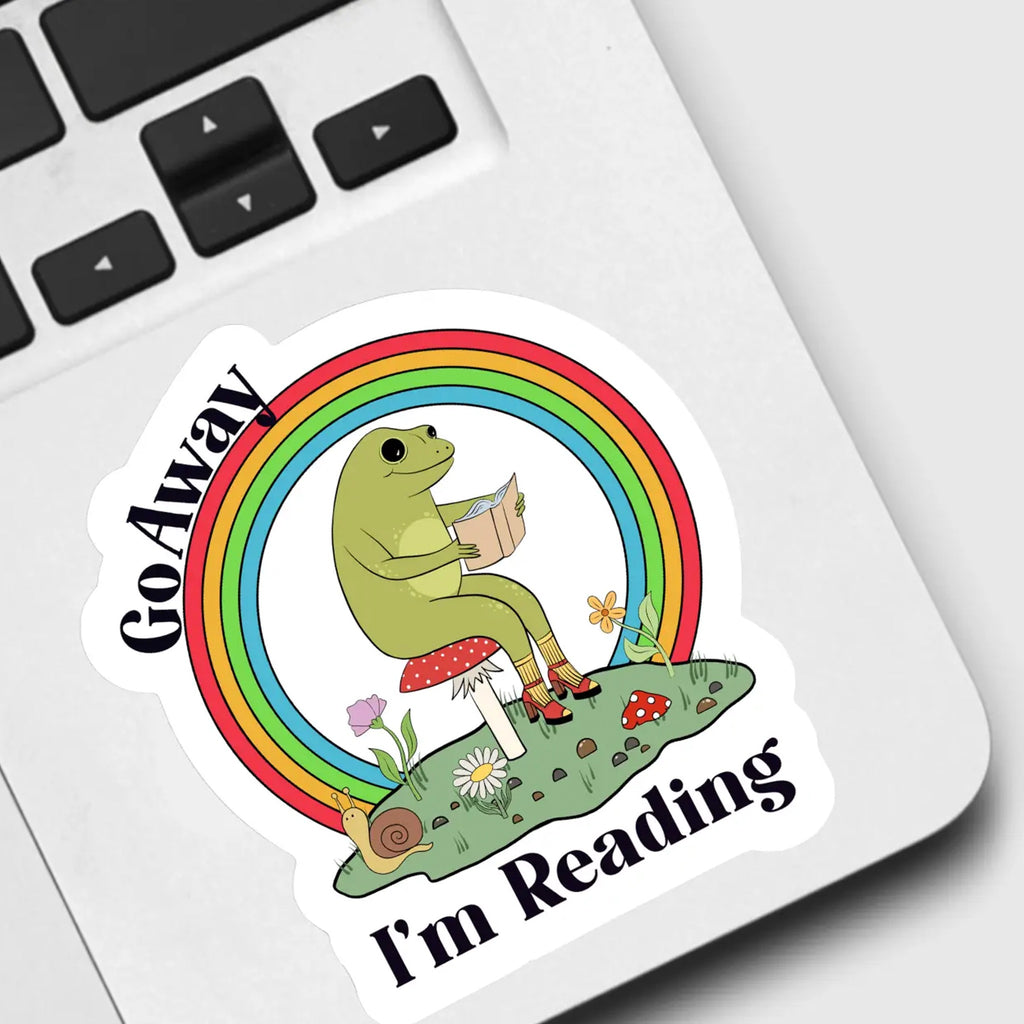 Frog Go Away I'm Reading Sticker on computer.