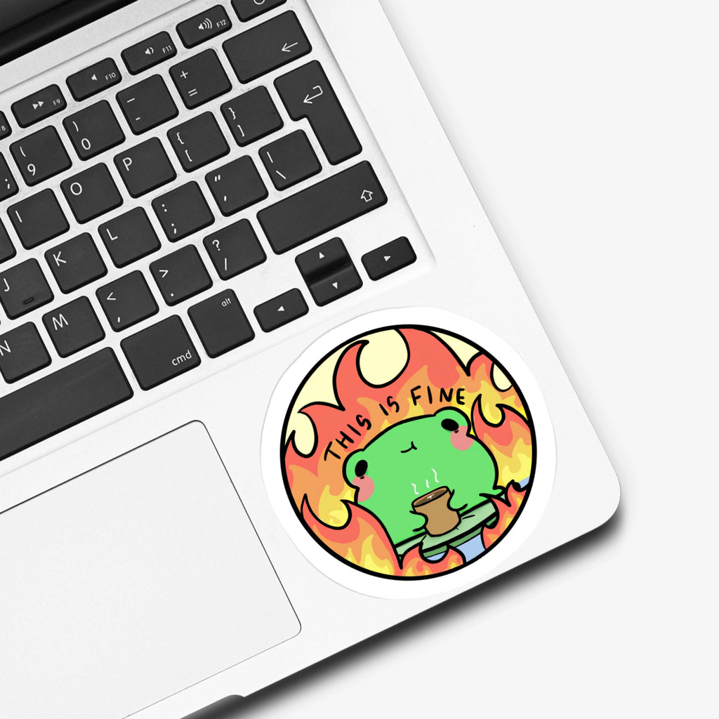 Frog This Is Fine Meme Sticker on computer.