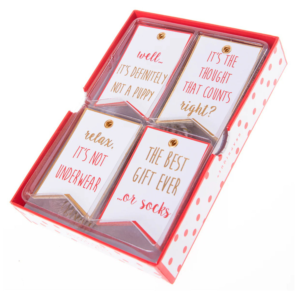 Funny Text Christmas Gift Tag Set angle view.