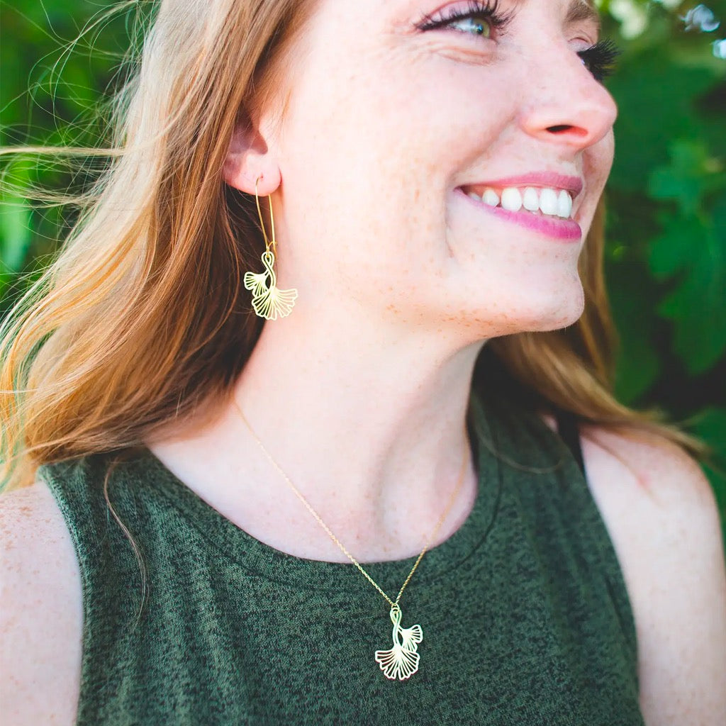 Ginkgo Leaves Necklace Silver Person wearing.