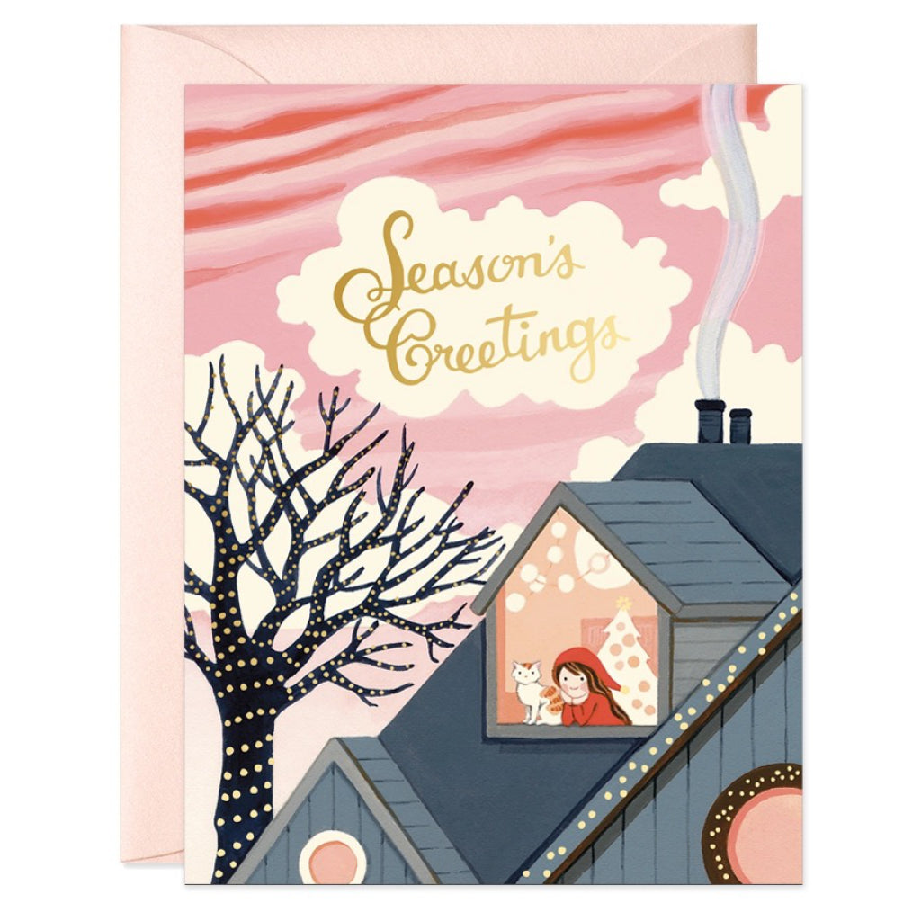 Girl In Window Seasons Greetings Card