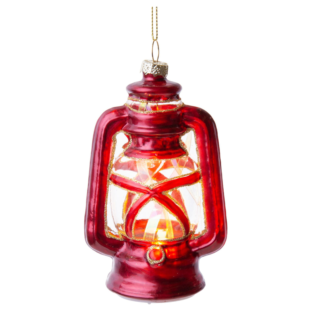 Glass Camp Lantern Ornament With LED.