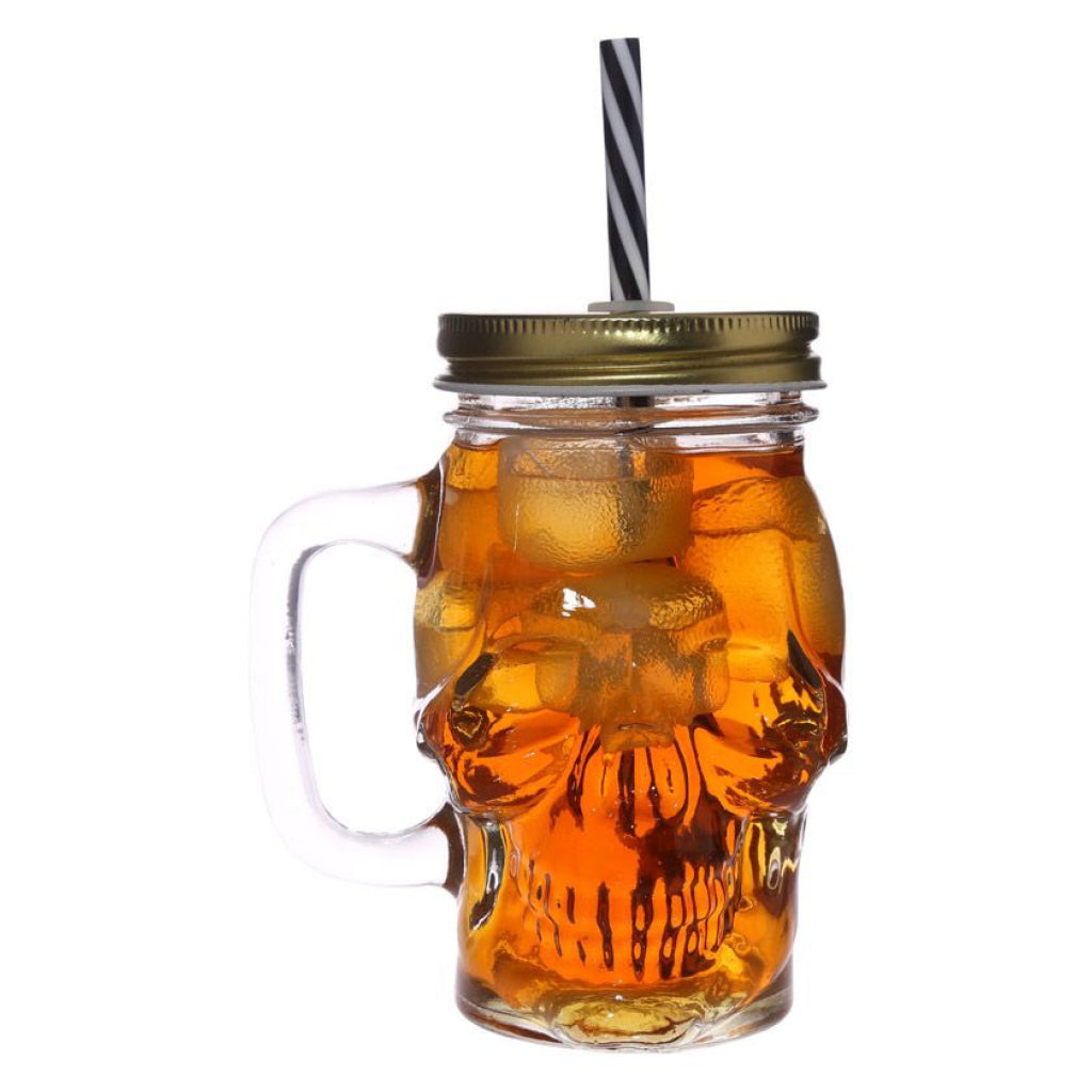 Glass Skull Jar with icy drink.