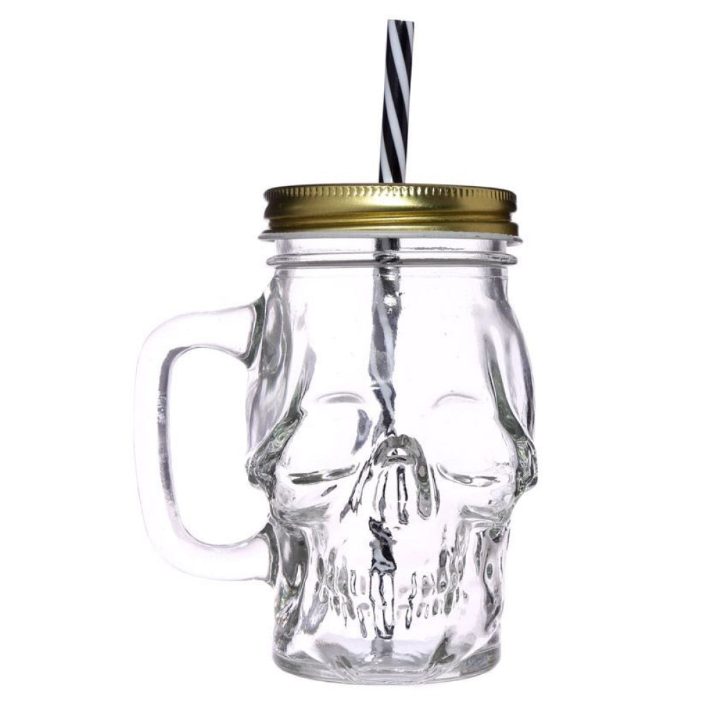 Glass Skull Jar with Metal Lid & Straw.