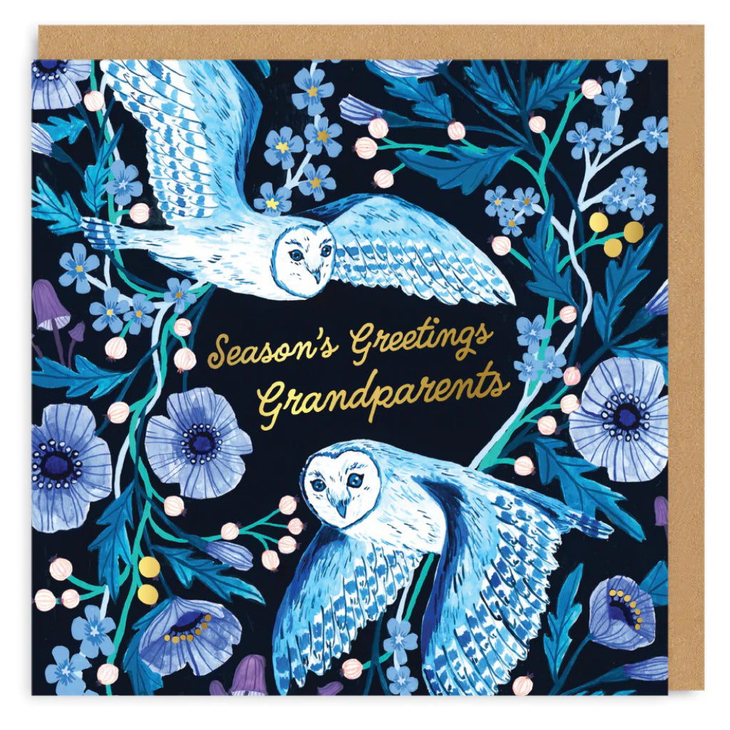 Grandparents Blue Owls Christmas Card