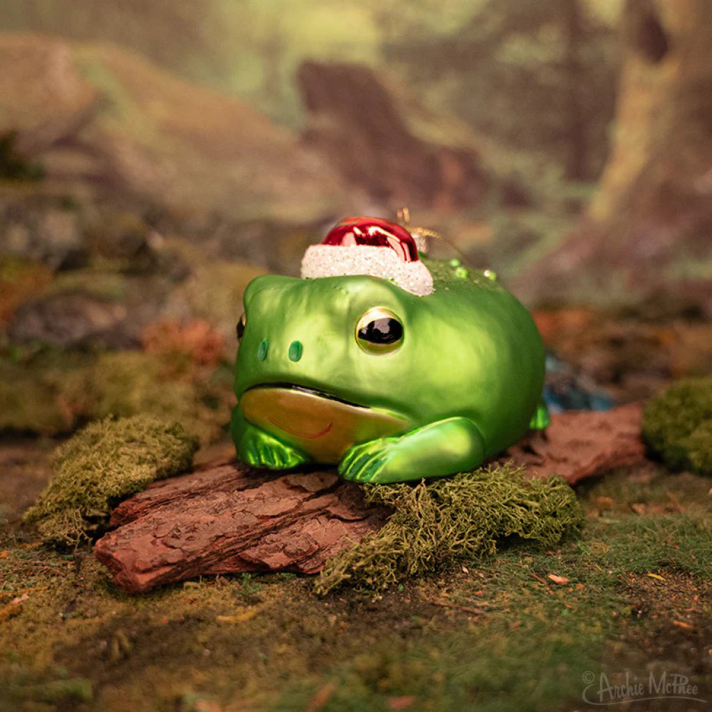 Grumpy Frog Ornament on ground.