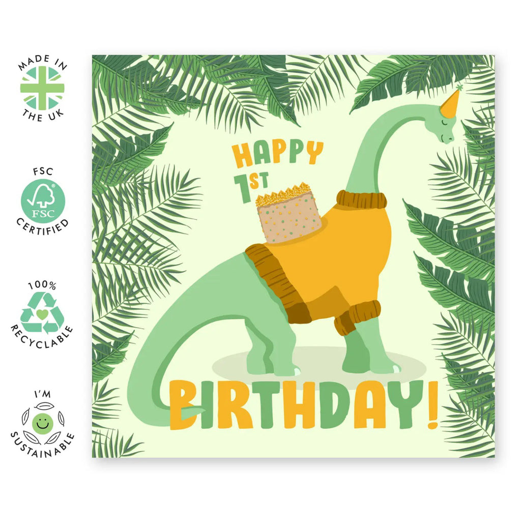 Happy 1st Birthday Dino Card environmental features.