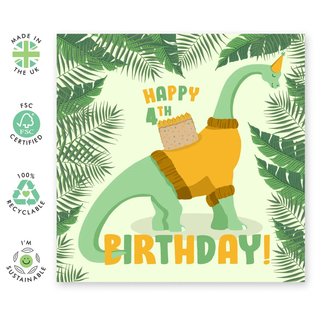 Happy 4th Birthday Dino Card environmental features.