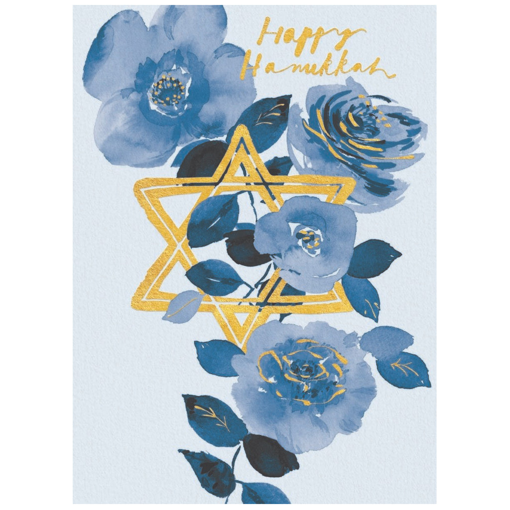 Happy Hanukkah Blue Flowers Star Card.