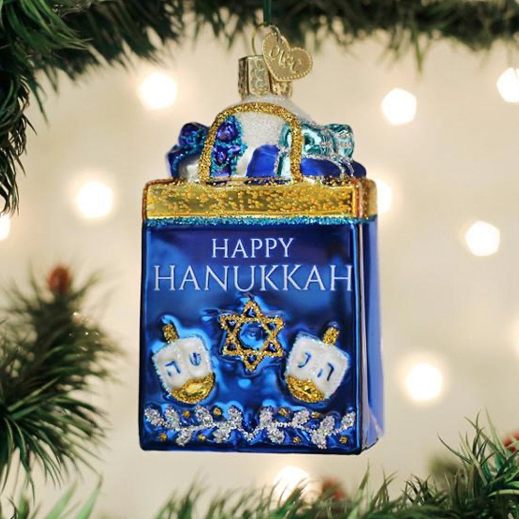 Happy Hanukkah Ornament in tree.