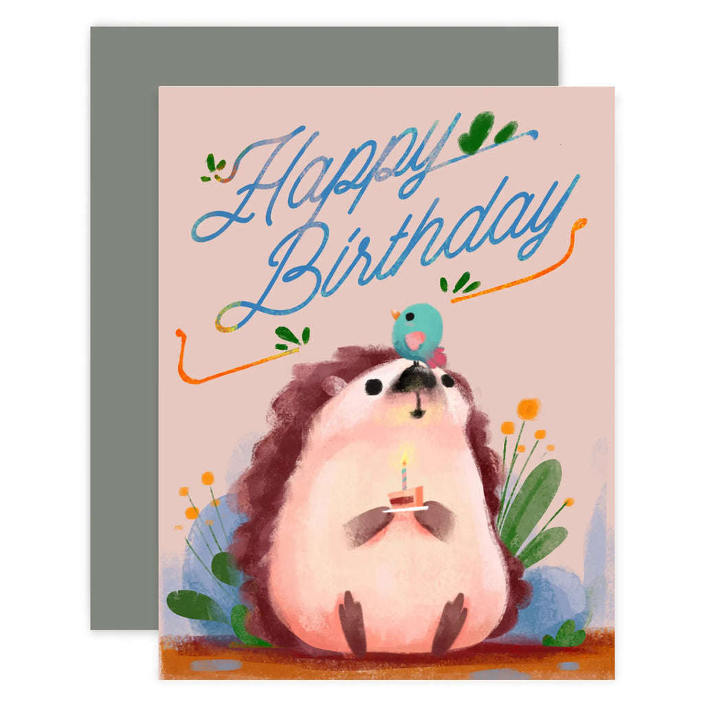 Hedgehog With Bird On Nose Birthday Card