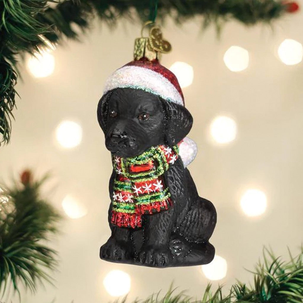 Holiday Black Labrador Puppy Ornament in tree.