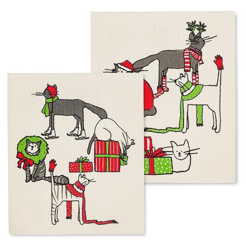 Holiday Cats Swedish Dishcloths Set of 2.