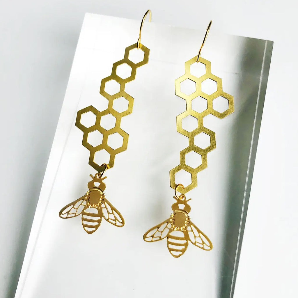 Honeybee & Honeycomb Earrings Short Ear Wires.