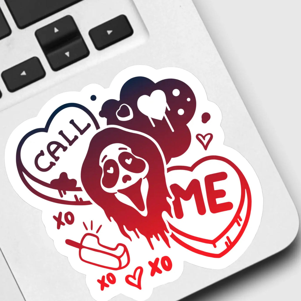 Horror Call Me Candy Hearts Sticker on computer.