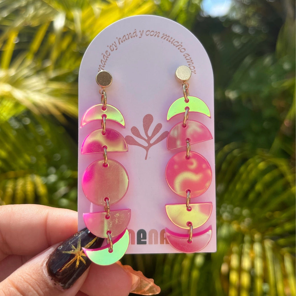 Iridescent Pink Phases of the Moon Earrings.