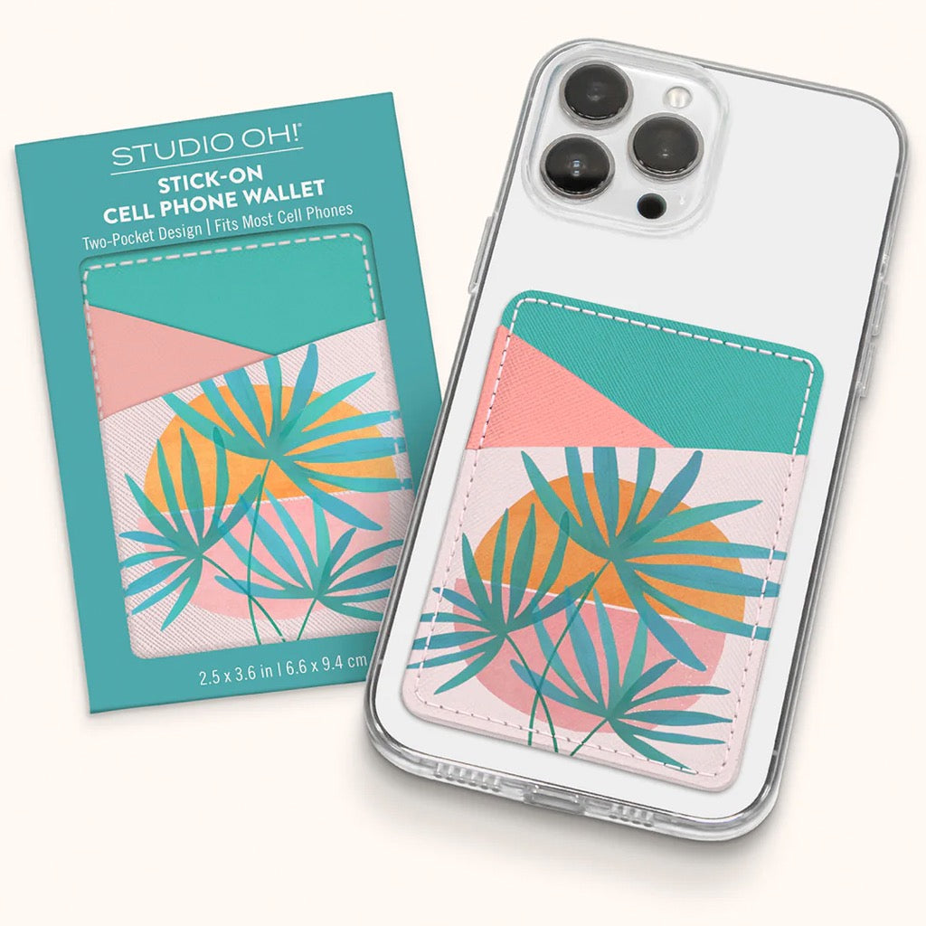 Island Sunset Stick-On Cell Phone Wallet with packaging.