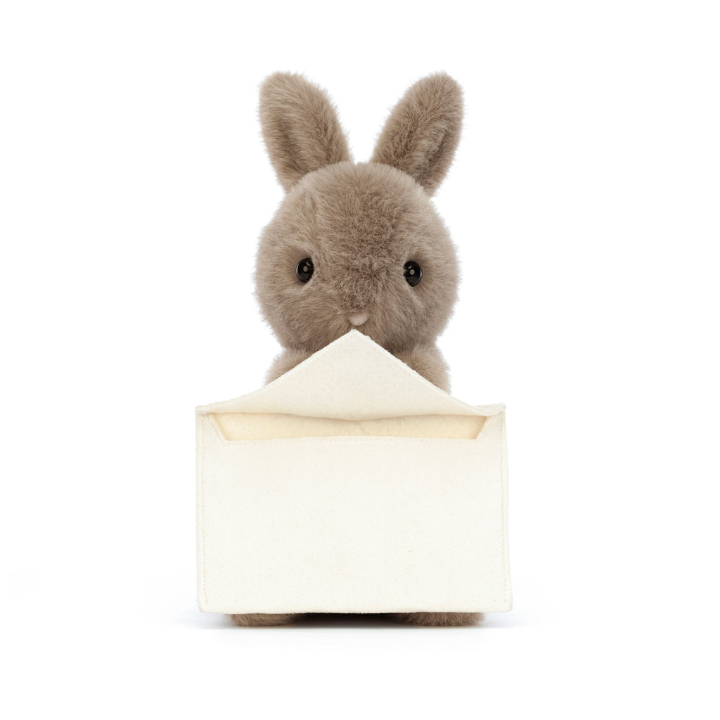 Jellycat Messenger Bunny with open envelope.