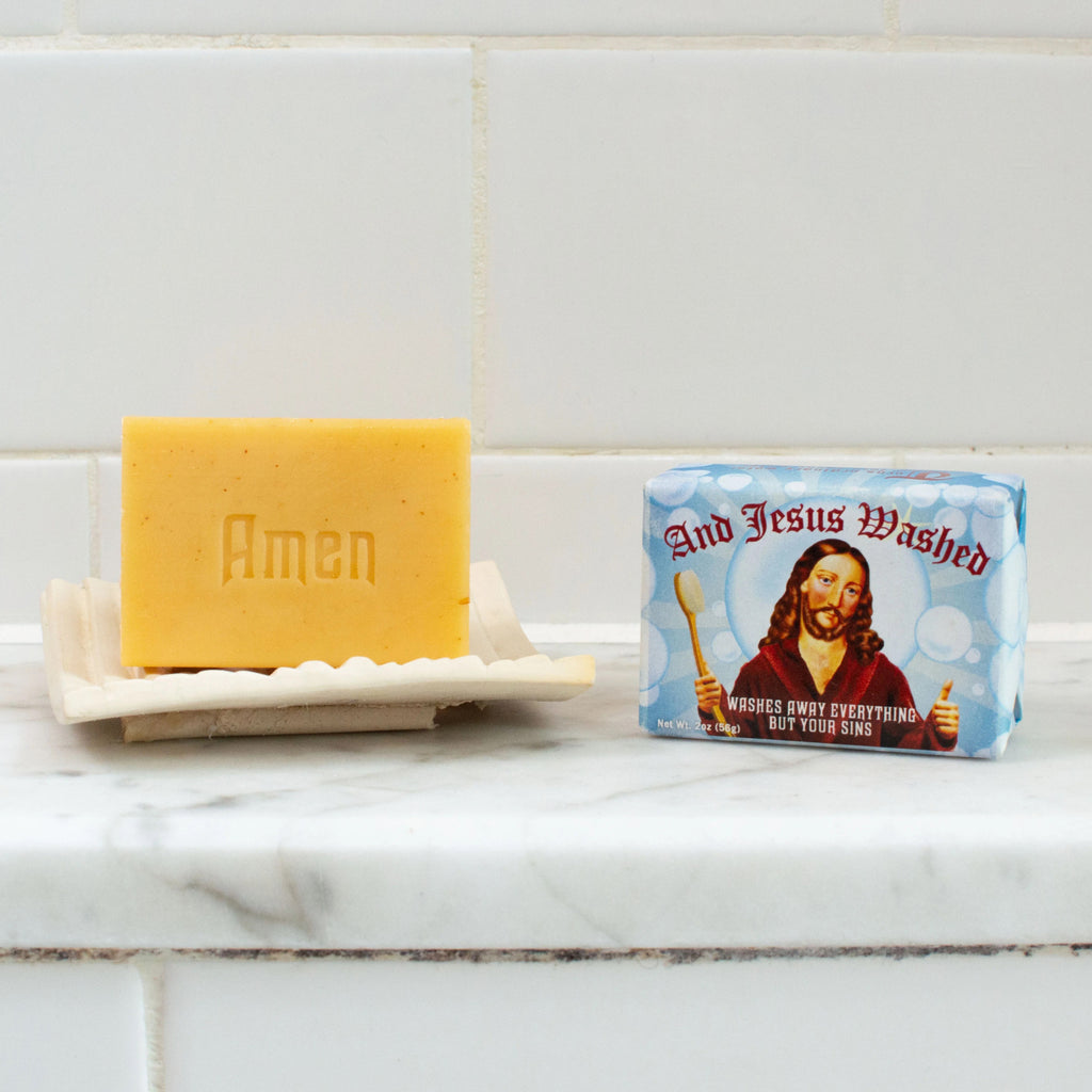 Jesus Soap on counter.