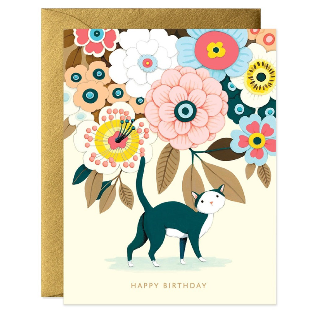 Kitty Under Flowers Birthday Card