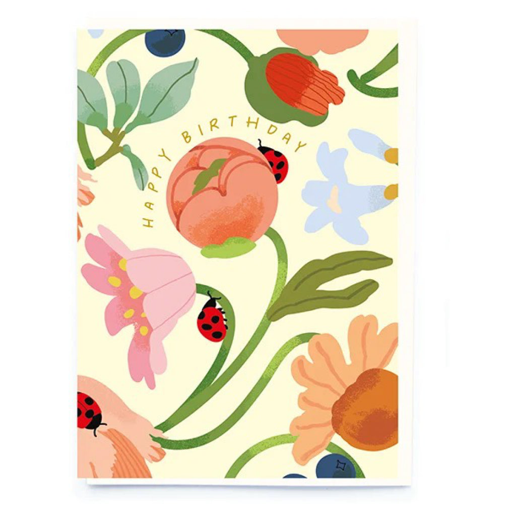 Ladybug Peony Birthday Card.