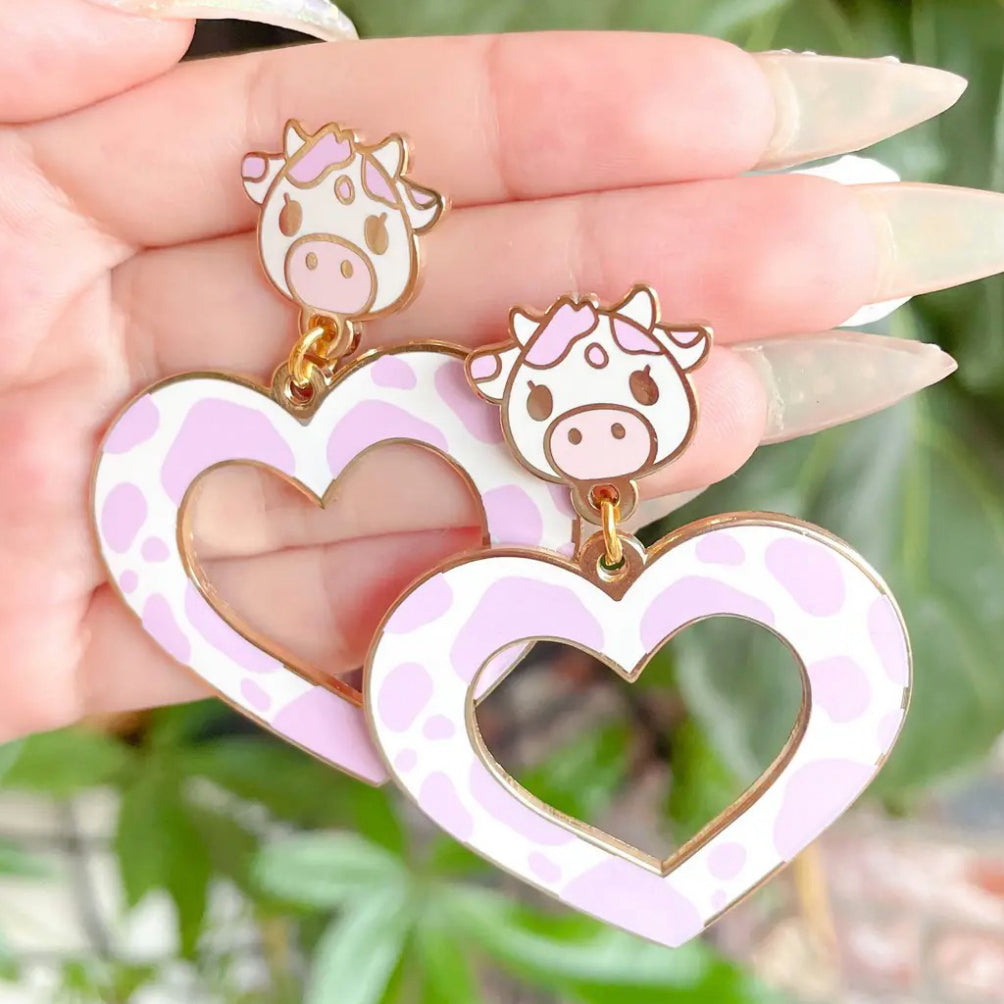 Lavender Cow Heart Earrings.