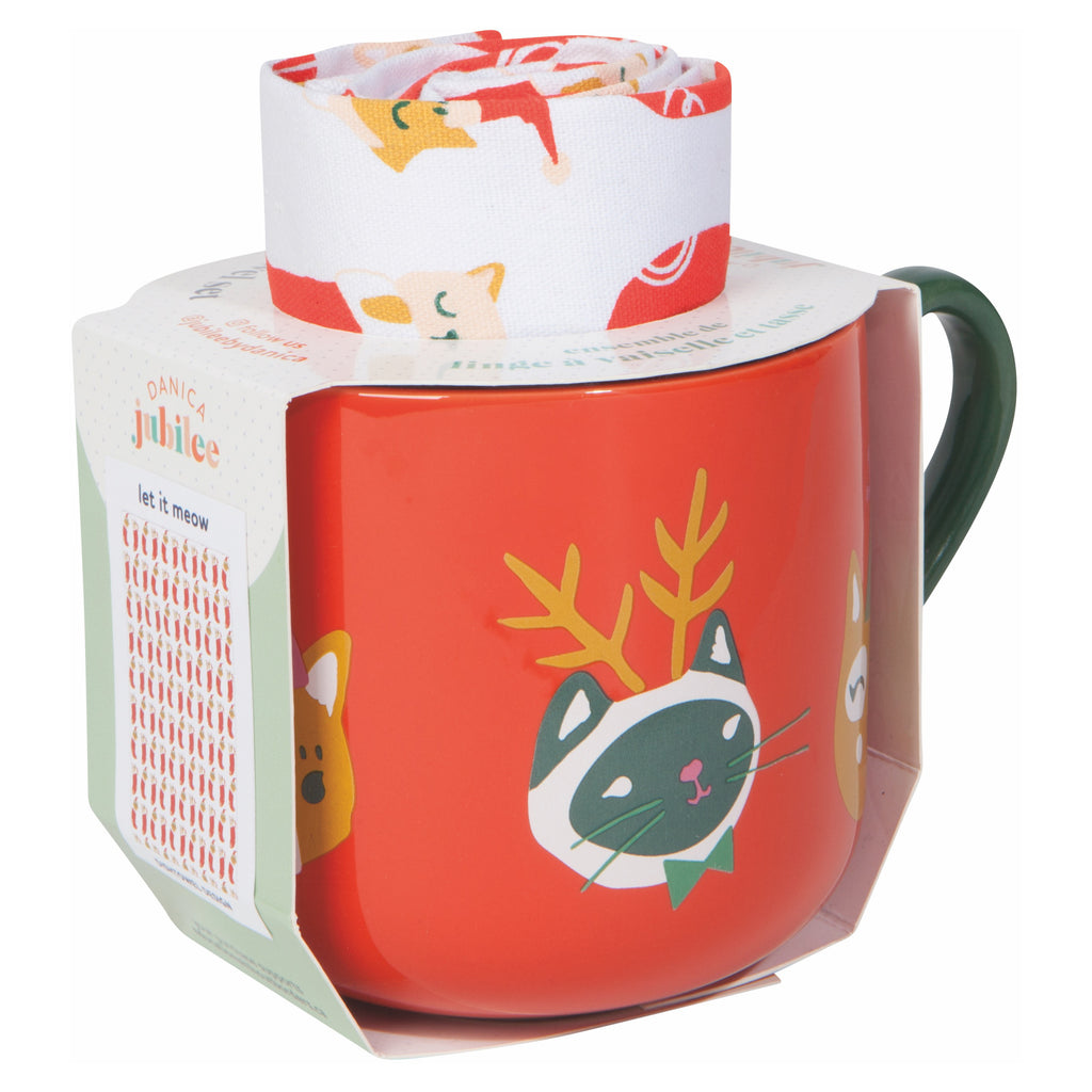 Let it Meow Mug and Dishtowel Set packaging.