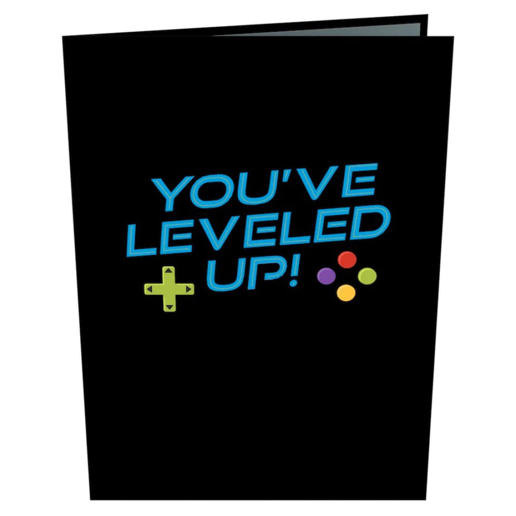 Leveled Up Gamer Birthday 3D Pop-Up Card front view.