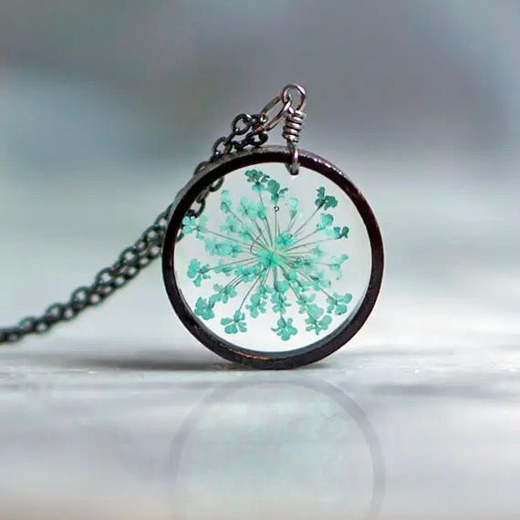 Light Blue Queen Anne's Lace Flower Necklace.