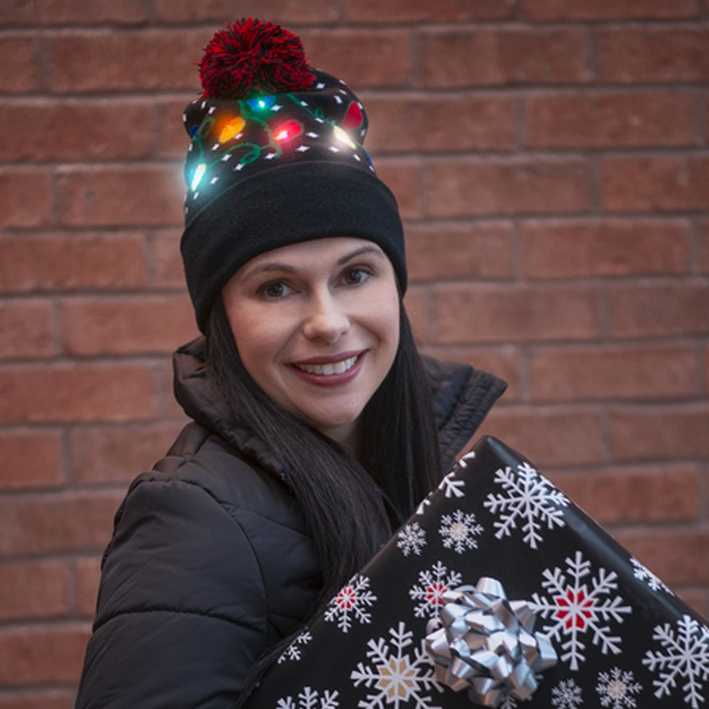 Light Up Knit Christmas Cap person wearing.