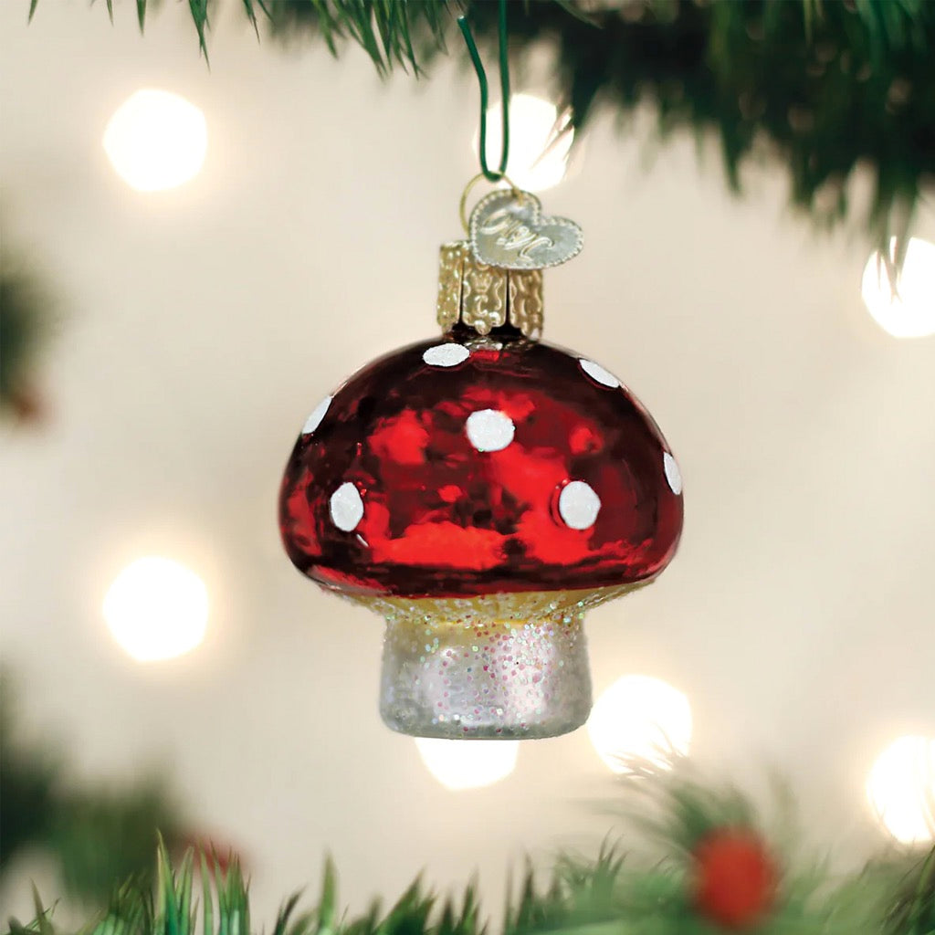 Lucky Mushroom Ornament in tree.