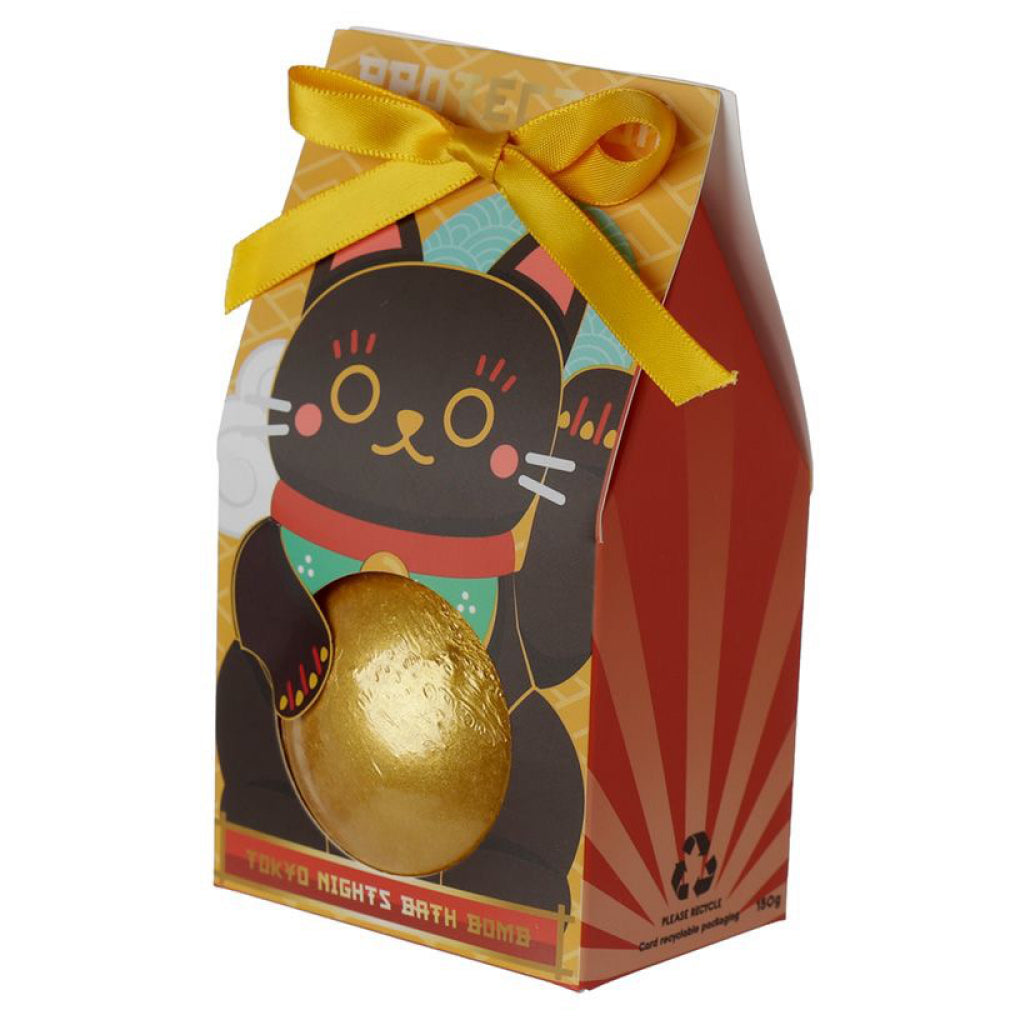 Maneki Neko Lucky Cat Bath Bombs with yellow box.