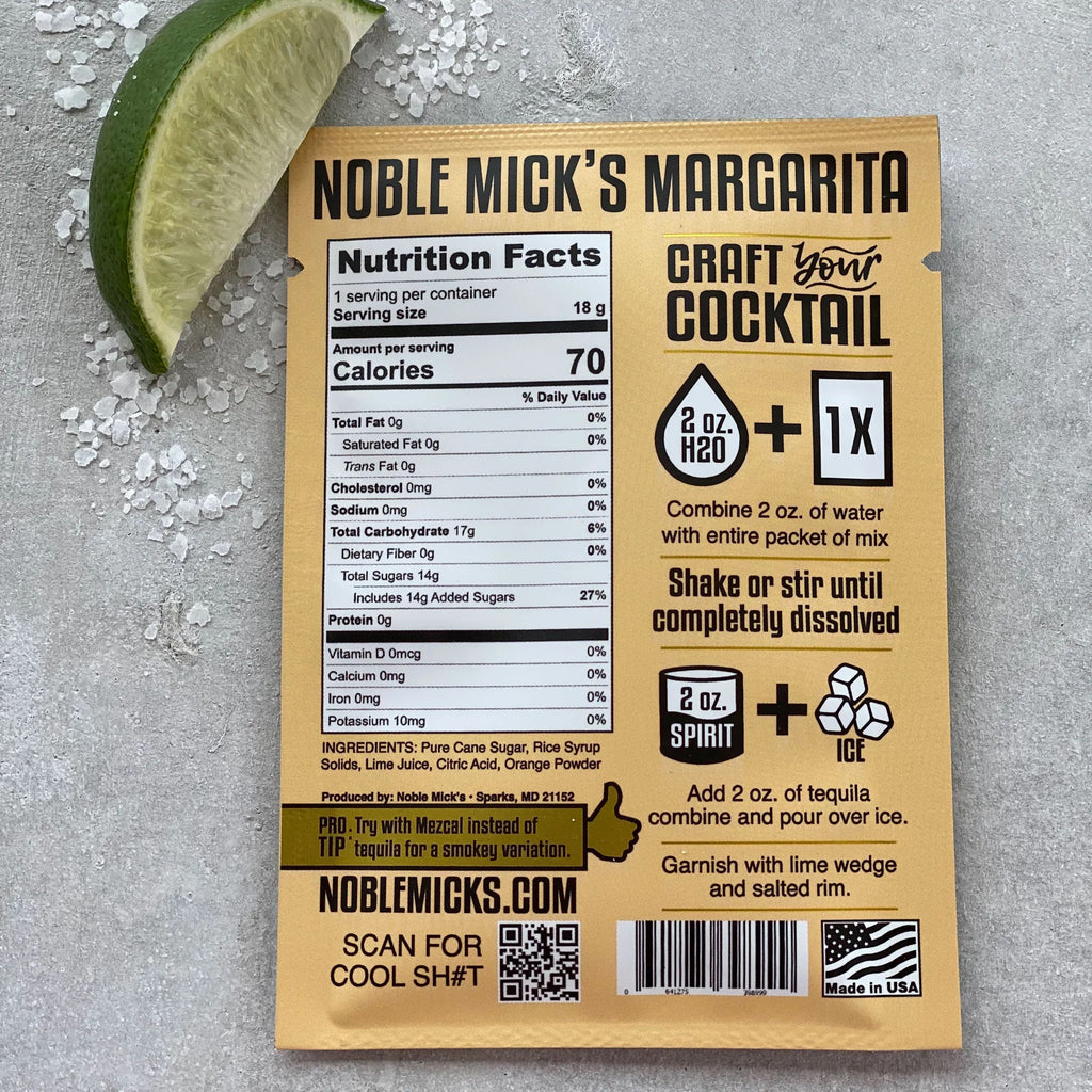 Margarita Single Serve Cocktail Mix back of package.