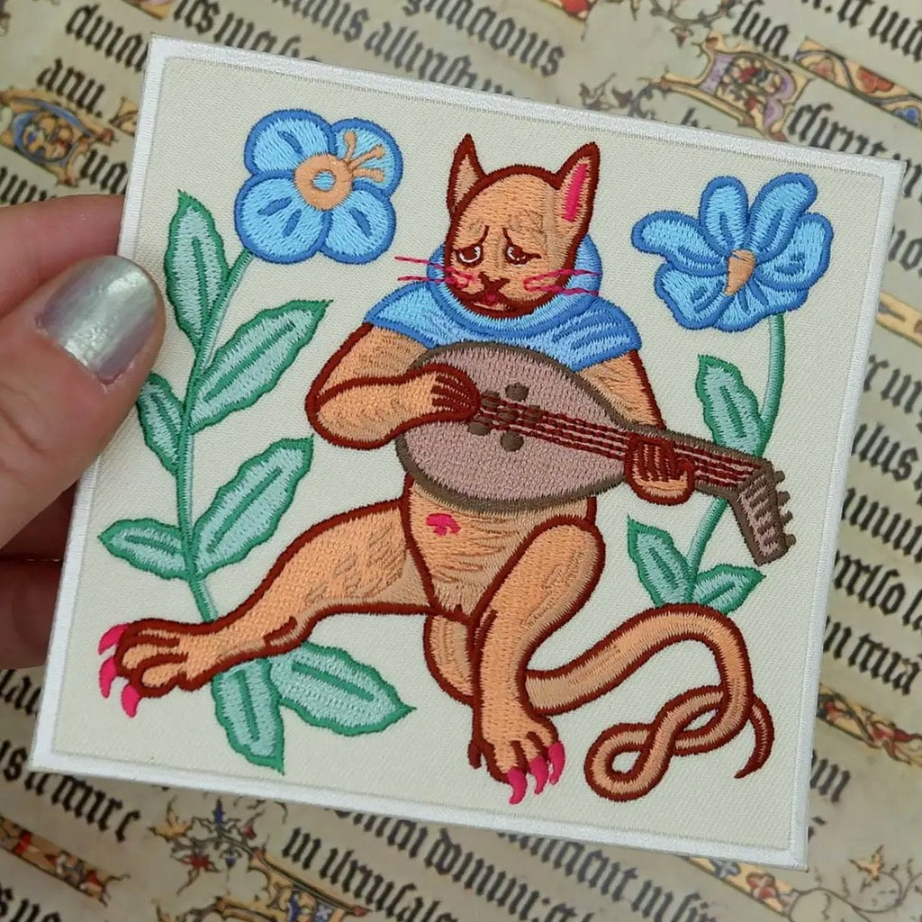 Medieval Sad Cat Embroidered Patch.