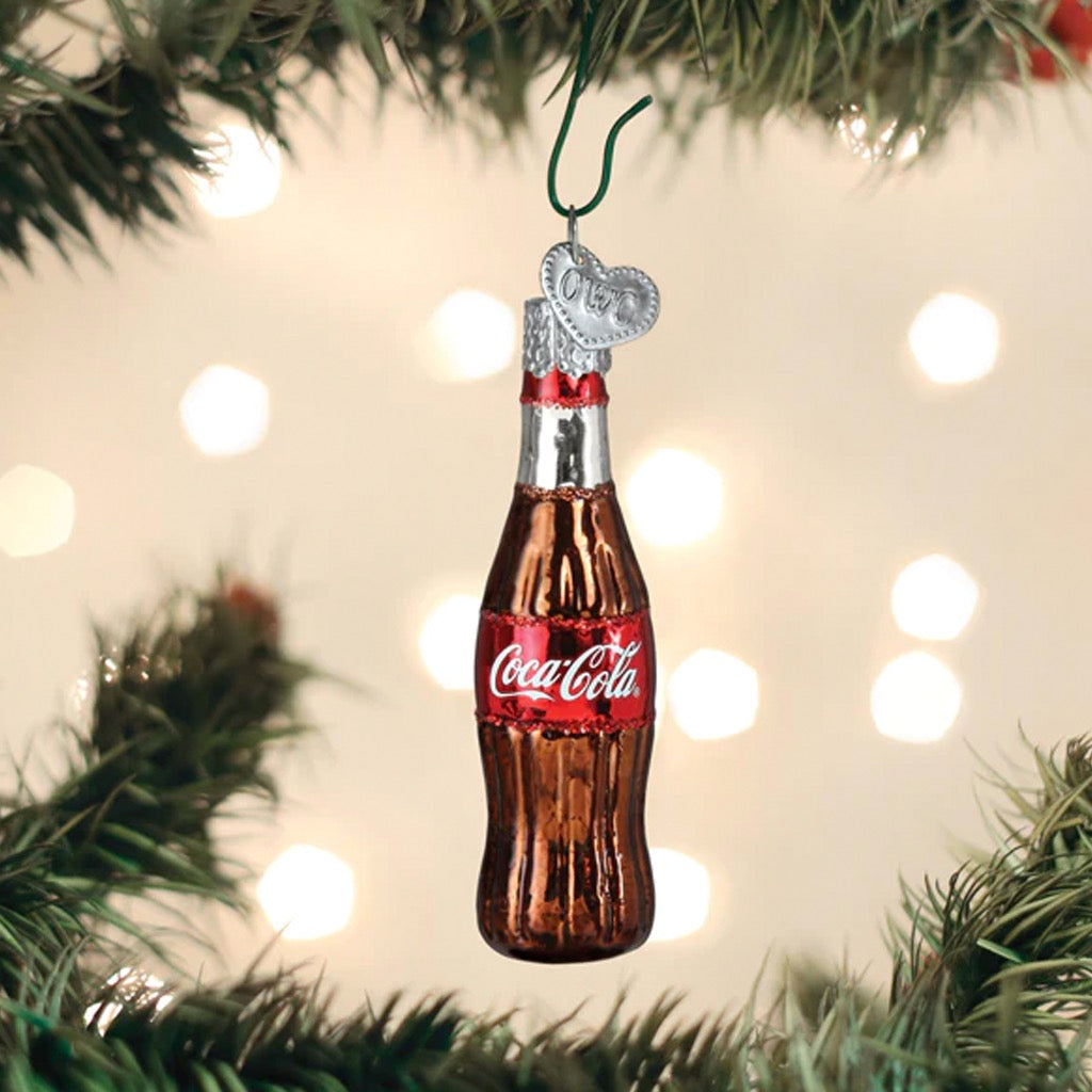 Mini Coca Cola Bottle Ornament in tree.