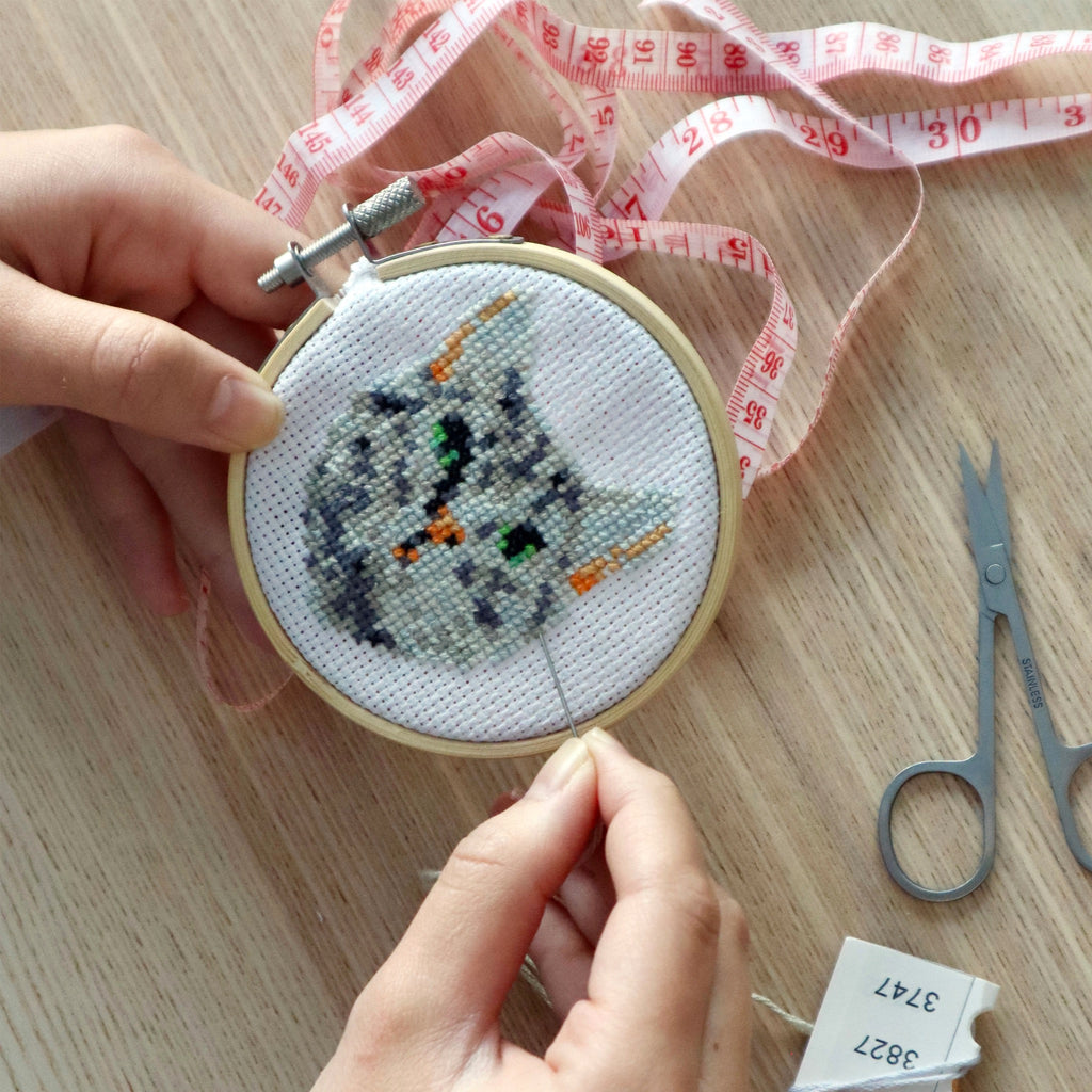 Mini Cross Stitch Embroidery Kit Cat being made.