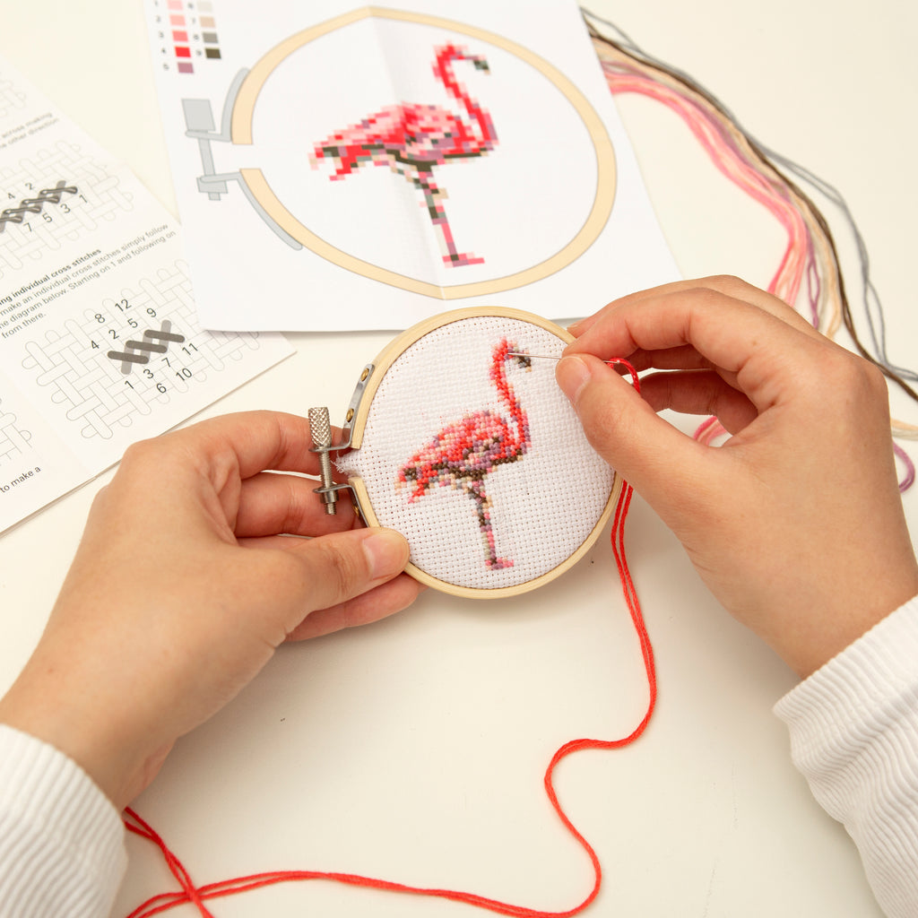 Mini Cross Stitch Embroidery Kit Flamingo being used.