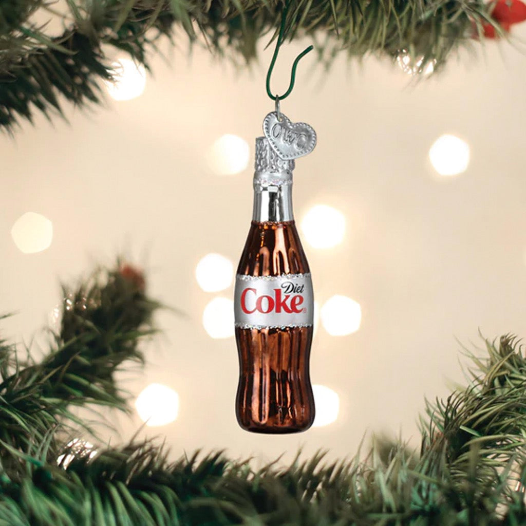 Mini Diet Coke Bottle Ornament in tree.