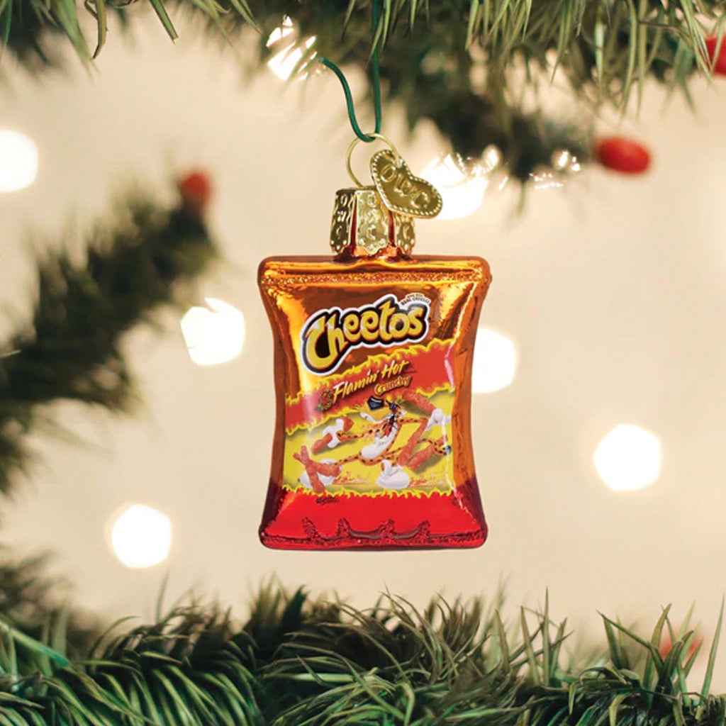 Mini Flamin' Hot Cheetos Ornament in tree.